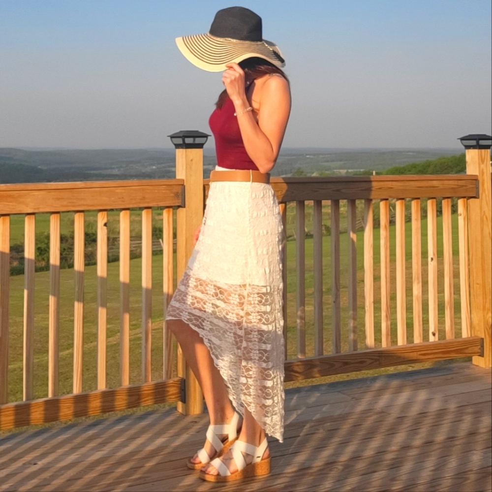 White High-Low lace skirt with tan belt